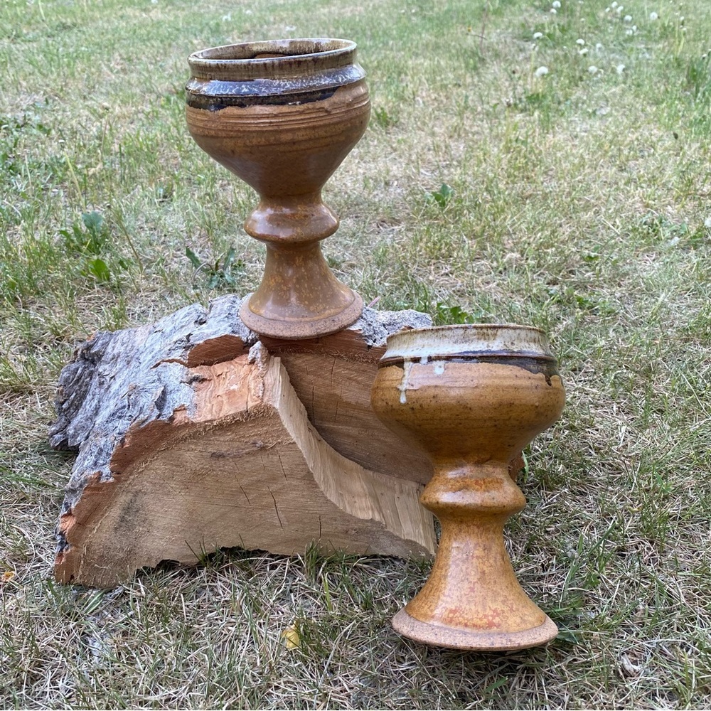 Vintage‎ pottery wine goblets unique drip glaze